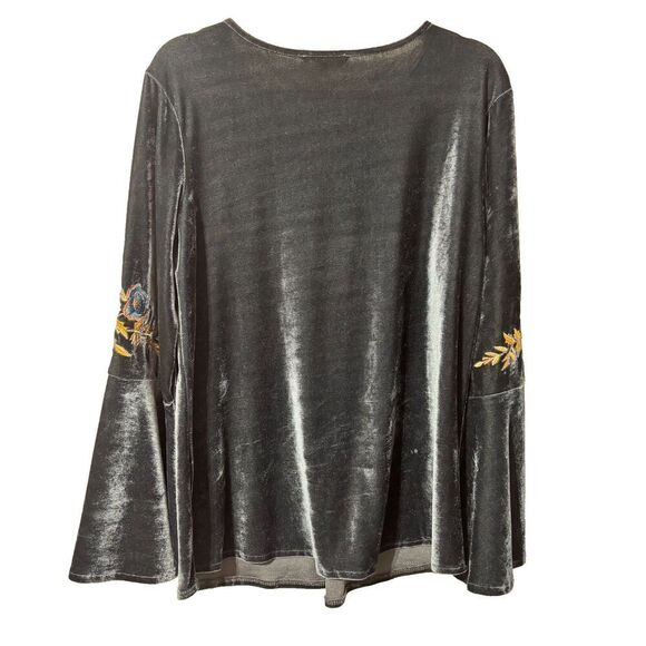 Solitaire Womens Boho Top Dusty Blue Small Velvet Floral Embroidered Bell Sleeve - Picture 3 of 7